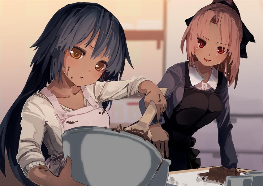 apron black_hair bowl brown_eyes chocolate chocolate_making chocolate_on_face dark_skin food food_on_face futatsuki_eru highres long_hair mixing_bowl multiple_girls original pink_hair ponytail smile spatula sweatdrop