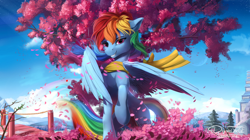 16:9 2018 detailed_background digital_media_(artwork) discordthege equine feathered_wings feathers feral friendship_is_magic hair hi_res looking_at_viewer mammal multicolored_hair my_little_pony outside pegasus rainbow_dash_(mlp) rainbow_hair scarf wallpaper wings