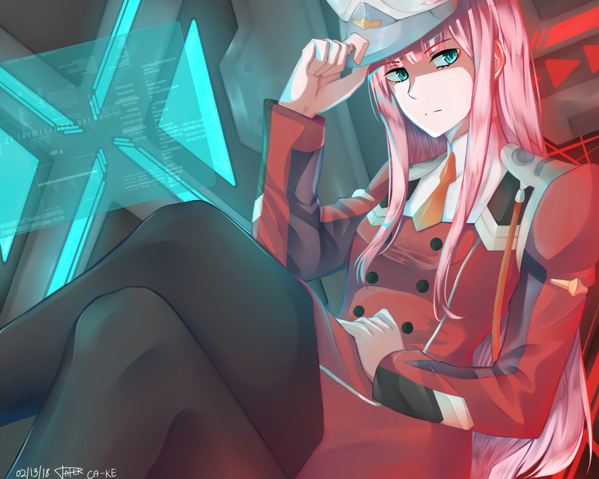 aqua_eyes bangs breasts coat crossed_legs darling_in_the_franxx double-breasted green_eyes hair_over_breasts hand_on_headwear hat long_hair long_sleeves medium_breasts military military_hat military_uniform necktie orange_neckwear pantyhose paperca-ke pink_hair red_coat short_necktie sitting solo thighs uniform zero_two_(darling_in_the_franxx)