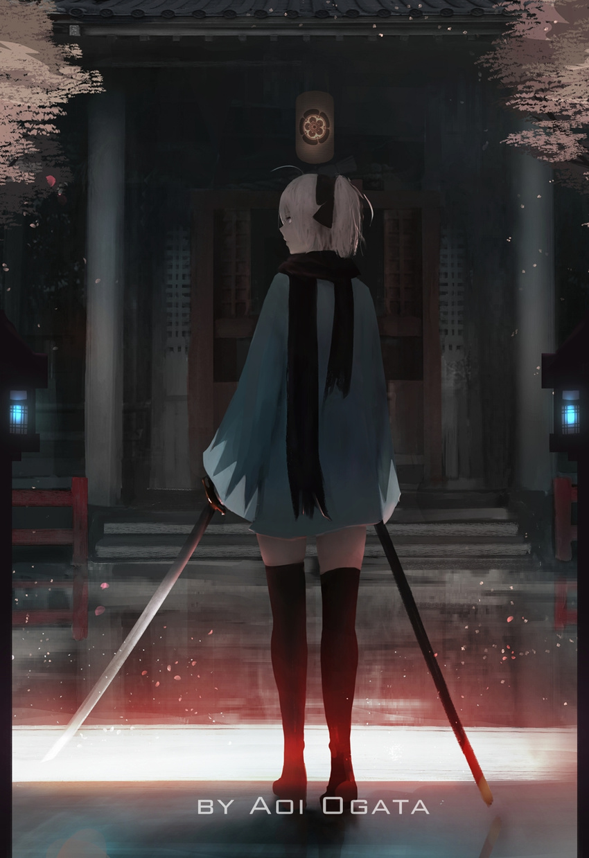 ahoge aoi_ogata artist_name black_bow black_legwear black_scarf blonde_hair blue_fire bow building closed_mouth dark day door fate/grand_order fate_(series) fence fire full_body hair_bow highres holding holding_sword holding_weapon katana koha-ace lantern long_sleeves looking_away looking_to_the_side outdoors petals pillar pillarboxed ponytail profile reflective_floor scarf short_hair solo stairs standing sunlight sword thighhighs unsheathed weapon wide_sleeves