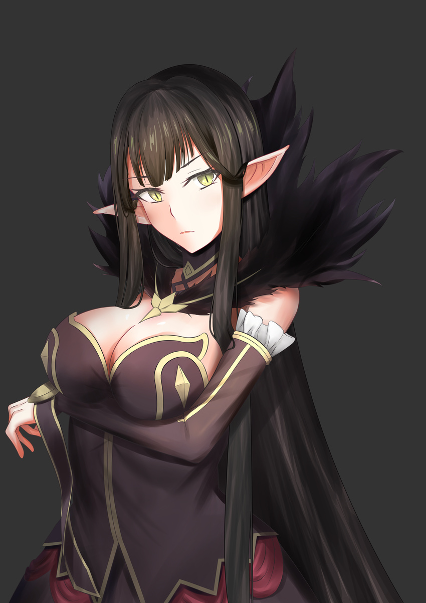 absurdres bare_shoulders black_dress black_hair breast_hold breasts cleavage detached_sleeves dress fate/apocrypha fate_(series) fur_trim highres large_breasts long_hair nininga pointy_ears semiramis_(fate) solo very_long_hair yellow_eyes