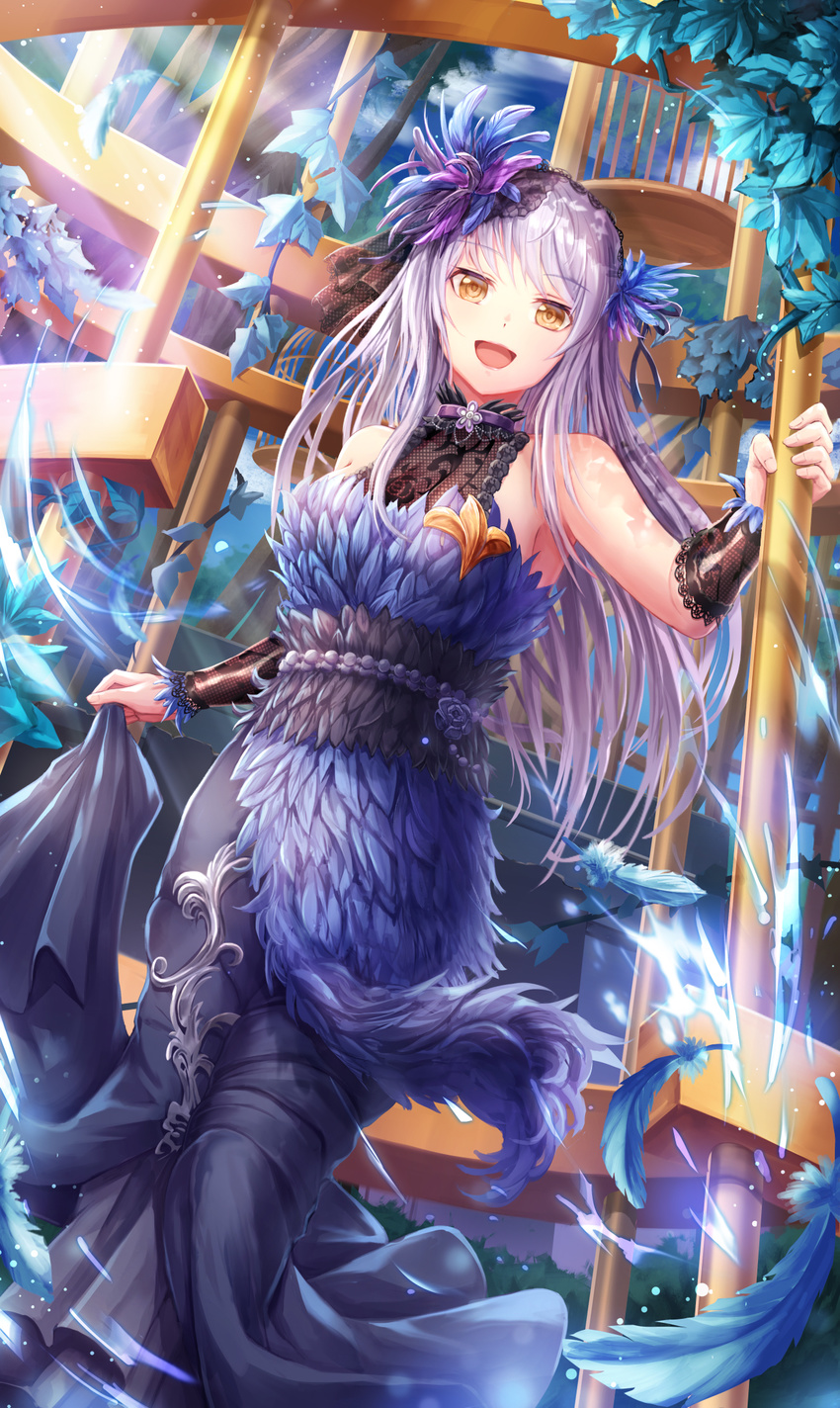 :d armpits bang_dream! bangs bare_shoulders blue_dress blue_feathers blue_sky branch breasts cloud collar commentary_request dappled_sunlight dress eyebrows_visible_through_hair falling_feathers feathers fingernails hair_feathers halterneck highres holding lace_trim lavender_hair leaf light_particles light_rays lipstick long_dress long_hair looking_at_viewer lunacle makeup medium_breasts minato_yukina open_mouth pink_lipstick purple_collar purple_feathers sash skirt_hold sky sleeveless sleeveless_dress smile solo standing sunlight yellow_eyes