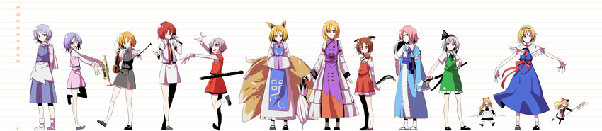 absurdres alice_margatroid animal_ears arms_behind_back bangs black_footwear blonde_hair blue_eyes blue_hair bobby_socks bow bowtie brown_eyes brown_hair capelet cat_ears cat_tail chen daitoutei dress expressionless fan folding_fan fox_ears fox_tail frilled_skirt frills green_eyes hairband hands_in_opposite_sleeves height_chart highres horikawa_raiko instrument jacket japanese_clothes jewelry keyboard_(instrument) konpaku_youmu leg_up letty_whiterock long_hair long_image long_sleeves looking_at_viewer lunasa_prismriver lyrica_prismriver mary_janes merlin_prismriver miniskirt multiple_girls multiple_tails necktie no_headwear no_shoes obi odd_one_out one_eye_closed one_eye_covered open_mouth outstretched_arm outstretched_arms parasol pencil_skirt perfect_cherry_blossom pink_hair red_eyes red_hair saigyouji_yuyuko sash shanghai_doll sheath shirt shoes short_hair short_sleeves silver_hair simple_background single_earring skirt smile socks standing sword tabard tail touhou trumpet umbrella unsheathing violin weapon white_dress white_legwear white_shirt wide_image yakumo_ran yakumo_yukari yellow_eyes