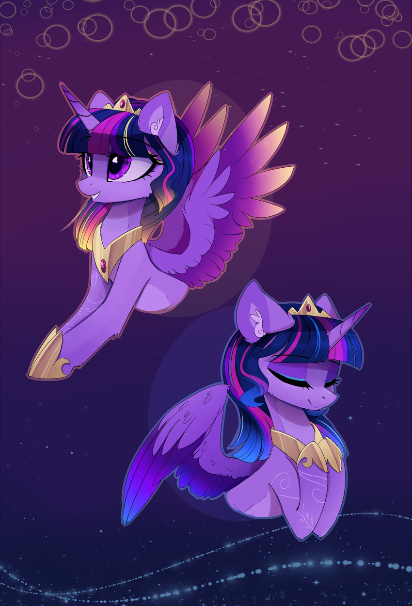 2018 digital_media_(artwork) equine eyelashes eyes_closed feathered_wings feathers female feral friendship_is_magic hair hooves horn magnaluna mammal my_little_pony purple_eyes purple_feathers purple_hair smile solo twilight_sparkle_(mlp) winged_unicorn wings