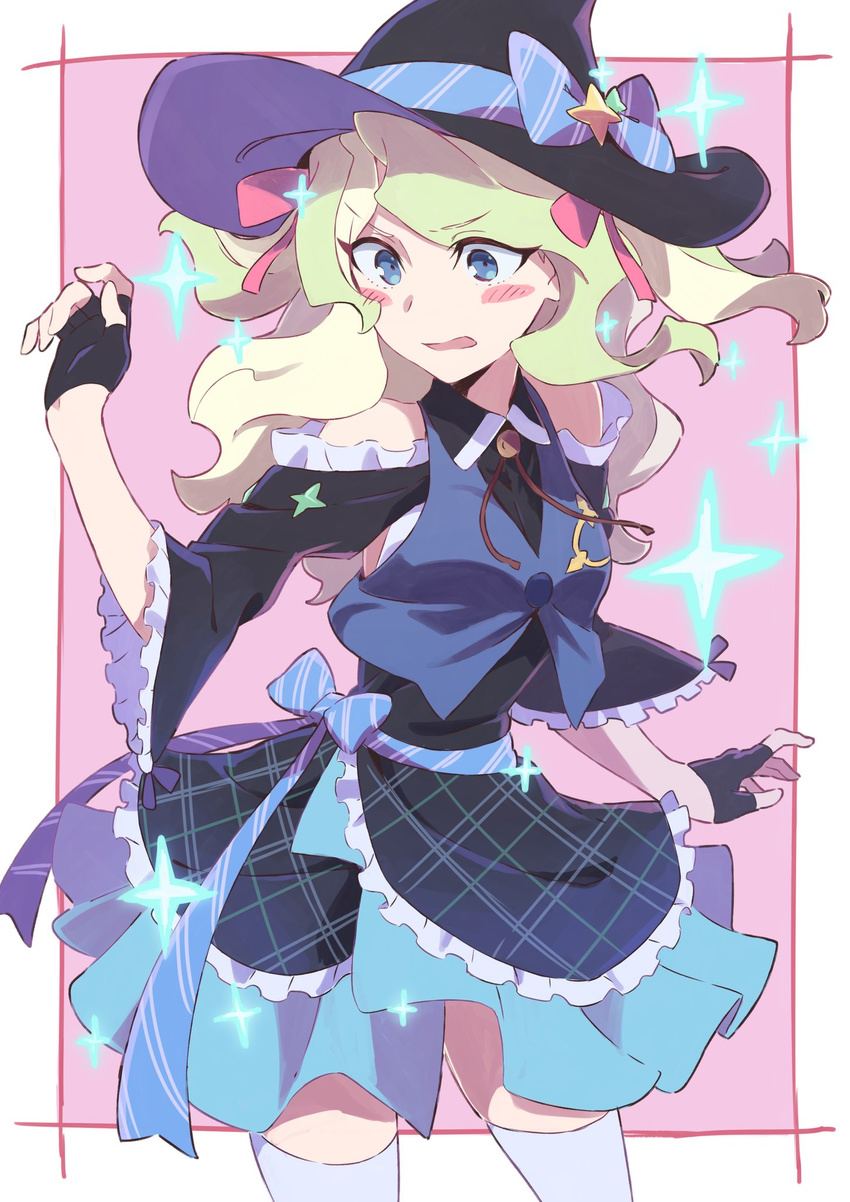 blonde_hair blue_eyes diana_cavendish dress hat highres idol jewelry little_witch_academia long_hair multicolored_hair skirt solo sparkle star tama_(tama-s) two-tone_hair witch