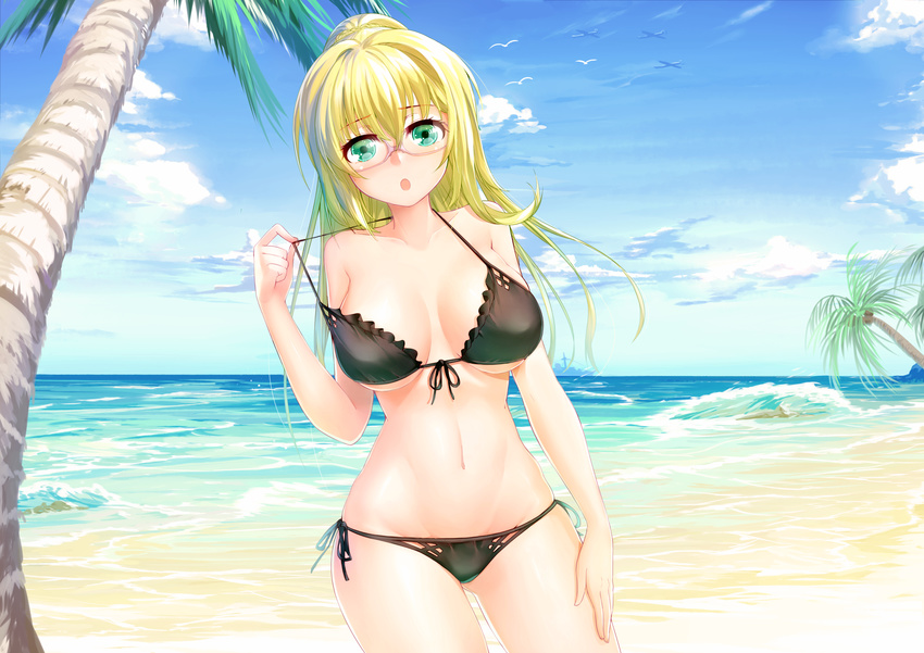 :o absurdres bangs beach bikini bird black_bikini blonde_hair braid breasts cloud cowboy_shot day emden_(zhan_jian_shao_nyu) eyebrows_visible_through_hair french_braid front-tie_bikini front-tie_top glasses graphite_(medium) green_eyes hair_between_eyes halter_top halterneck highres large_breasts long_hair looking_at_viewer navel ocean onceskylark outdoors palm_tree pink-framed_eyewear ponytail seagull semi-rimless_eyewear side-tie_bikini sky solo strap_lift swimsuit traditional_media tree under-rim_eyewear zhan_jian_shao_nyu