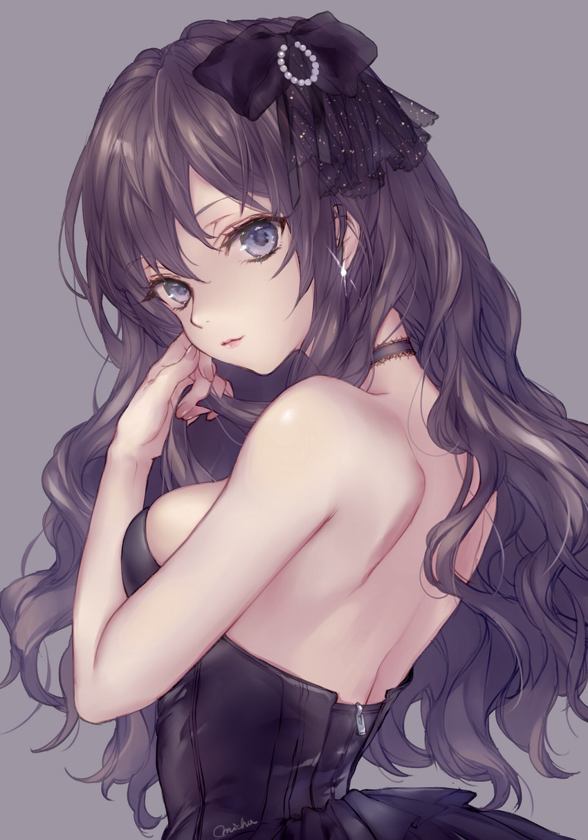 bare_back black_dress blue_eyes bow breasts brown_hair collar dress earrings frilled_collar frills hair_bow highres ichinose_shiki idolmaster idolmaster_cinderella_girls jewelry long_hair looking_at_viewer looking_back medium_breasts michudx signature solo sparkle strapless strapless_dress wavy_hair