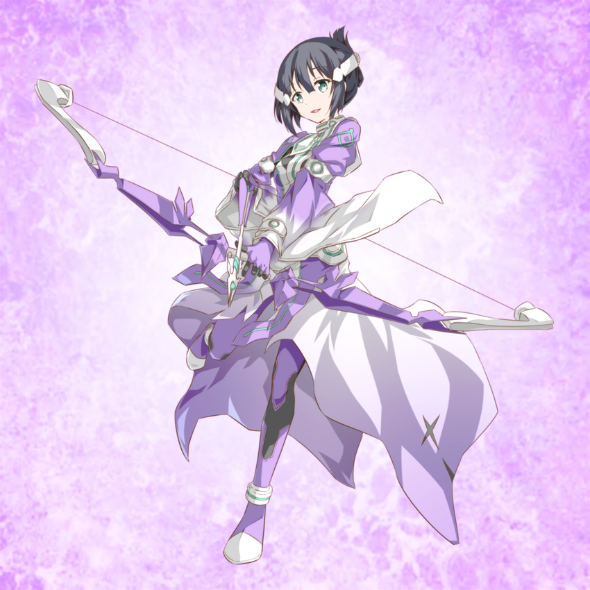 arrow black_hair boots bow_(weapon) dress eyebrows_visible_through_hair full_body gloves green_eyes hair_between_eyes hair_ornament highres holding holding_arrow holding_bow_(weapon) holding_weapon leg_up long_dress purple_background purple_footwear purple_gloves sakuria short_hair smile solo standing standing_on_one_leg thigh_boots thighhighs washio_sumi washio_sumi_wa_yuusha_de_aru weapon yuusha_de_aru