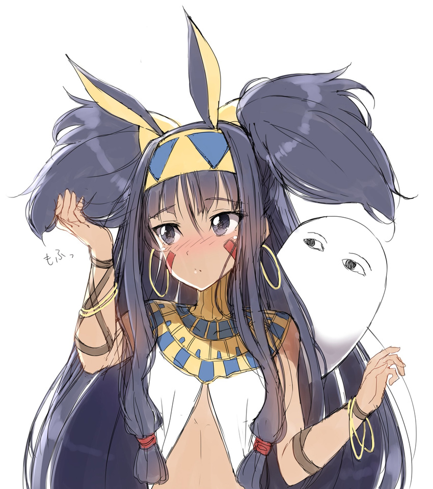 alternate_hairstyle black_eyes black_hair blush commentary_request dark_skin earrings eyebrows_visible_through_hair fate/grand_order fate_(series) hairband highres hoop_earrings jewelry long_hair medjed nitocris_(fate/grand_order) pentagon_(railgun_ky1206) simple_background solo two_side_up upper_body usekh_collar very_long_hair white_background