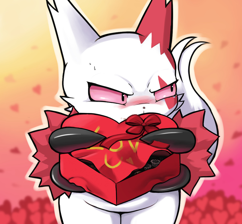 &lt;3 ambiguous_gender candy chocolate claws embarrassed food fur gift holding_object holidays looking_away mrmochi nintendo pink_sclera pok&eacute;mon pok&eacute;mon_(species) red_eyes ribbons simple_background standing valentine's_day video_games white_fur white_outline zangoose