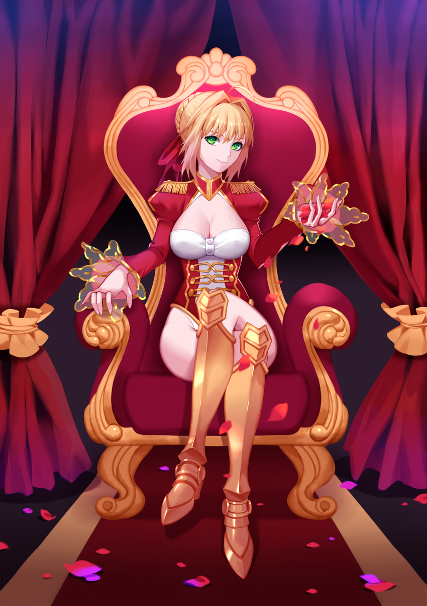 armored_boots blonde_hair boots braid breasts cleavage corset crossed_legs curtains epaulettes fate/extra fate/extra_ccc fate_(series) full_body green_eyes hair_bun hair_intakes hair_ribbon highres juliet_sleeves large_breasts leotard long_sleeves looking_at_viewer md5_mismatch nero_claudius_(fate) nero_claudius_(fate)_(all) petals puffy_long_sleeves puffy_sleeves ribbon sitting smile solo throne white_leotard zhano_kun
