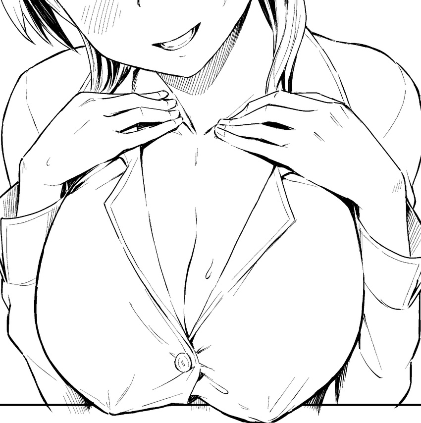 blush breasts cleavage commentary_request covered_nipples greyscale grin hands_on_own_chest head_out_of_frame highres large_breasts monochrome original parted_lips shirt smile solo upper_body utu_(ldnsft)