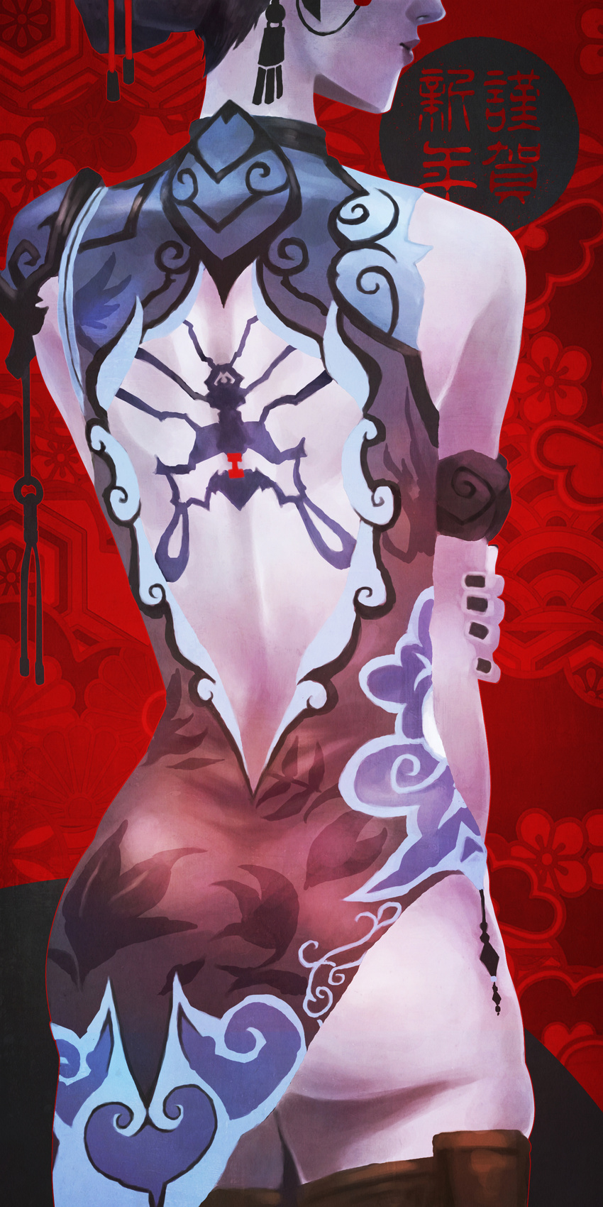absurdres alternate_costume ass back back_cutout back_tattoo black_lily_widowmaker china_dress chinese_clothes commentary dress from_behind head_out_of_frame highres monori_rogue nail_polish overwatch purple_skin solo tattoo thighhighs widowmaker_(overwatch)
