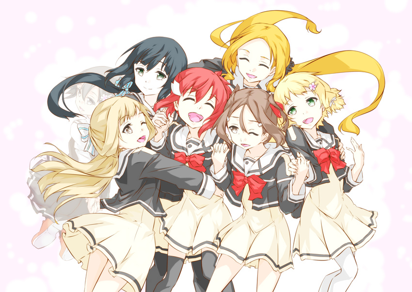 :d ;d black_hair black_legwear black_scrunchie blonde_hair bow bowtie brown_eyes brown_hair closed_eyes dress flower girl_sandwich green_eyes hair_between_eyes hair_bow hair_flower hair_ornament hair_ribbon hair_scrunchie hairclip head_tilt highres inubouzaki_fuu inubouzaki_itsuki miyoshi_karin multiple_girls nogi_sonoko one_eye_closed open_mouth pink_bow pleated_dress red_hair red_neckwear ribbon sakuria sandwiched sanshuu_middle_school_uniform school_uniform scrunchie short_dress short_hair smile thighhighs tougou_mimori twintails white_bow white_dress white_legwear white_ribbon yuuki_yuuna yuuki_yuuna_wa_yuusha_de_aru yuusha_de_aru