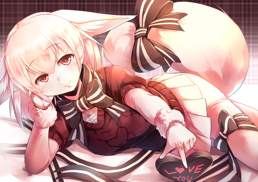 absurdres alternate_color animal_ears blonde_hair blush bow bowtie chocolate chocolate_heart commentary_request eyebrows_visible_through_hair fennec_(kemono_friends) fox_ears fox_tail fur_trim heart heart-shaped_pupils highres kanzakietc kemono_friends long_sleeves looking_at_viewer lying on_side pink_legwear pleated_skirt red_eyes ribbon short_hair short_sleeve_sweater short_sleeves skirt smile solo sweater symbol-shaped_pupils tail tail_bow tail_ribbon thigh_ribbon thighhighs valentine