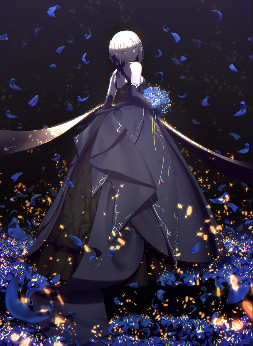 absurdres artist_name artoria_pendragon_(all) bangs bare_shoulders black_background black_dress black_gloves black_ribbon blonde_hair blue_flower bouquet braid breasts chinese_commentary commentary_request dress elbow_gloves empty_eyes eyebrows_visible_through_hair falling_petals fate/stay_night fate_(series) flower french_braid from_behind full_body gloves gothic_lolita gown hair_between_eyes hair_bun hair_ribbon half-closed_eyes highres holding holding_bouquet light_particles light_smile lolita_fashion long_dress looking_at_viewer looking_back magicians_(zhkahogigzkh) pale_skin parted_lips petals ribbon saber_alter shade short_hair sidelocks small_breasts solo standing yellow_eyes