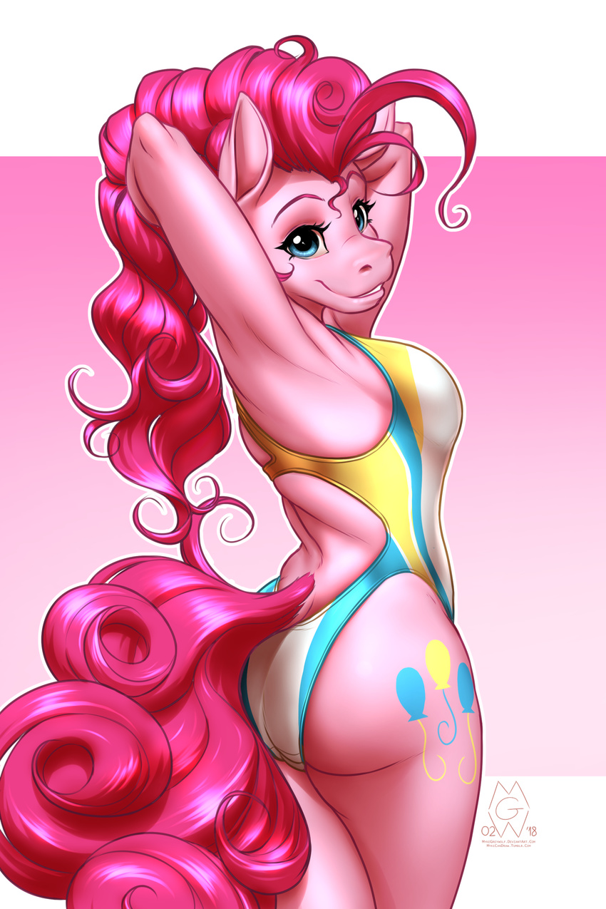2018 absurd_res anthro butt butt_pose clothing cutie_mark digital_media_(artwork) earth_pony equine female friendship_is_magic hair hi_res horse long_hair mammal my_little_pony mykegreywolf one-piece_swimsuit pink_hair pinkie_pie_(mlp) pony smile solo swimsuit