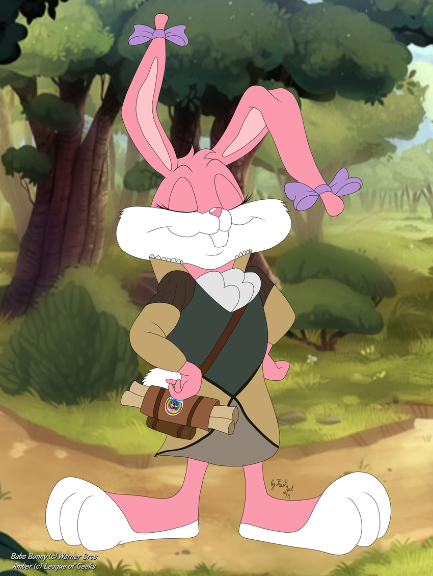 2018 amber_(armello) anthro armello babs_bunny bow buckteeth clothed clothing eyes_closed female fur hands_on_hips lagomorph mammal outside pink_fur rabbit smile solo tails-zet teeth tiny_toon_adventures tree warner_brothers white_fur