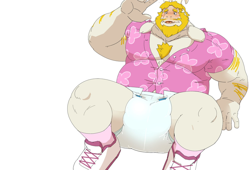 2018 ageplay anthro asgore_dreemurr beard blonde_hair blush body_hair boss_monster caprine clothed clothing diaper digital_drawing_(artwork) digital_media_(artwork) dress_shirt facial_hair fur goat hair hi_res horn infantilism long_ears male mammal pink_clothing sharkypaddedbottom shirt simple_background solo undertale video_games white_background white_fur