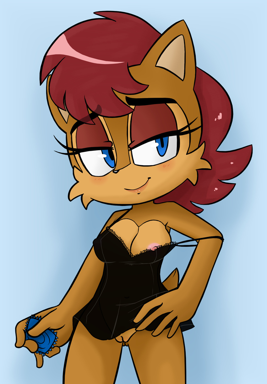 2018 anthro areola big_breasts blue_eyes blush bottomless breasts brown_fur chipmunk clothed clothing condom digital_media_(artwork) female fur hair hand_on_hip hearlesssoul hi_res looking_at_viewer mammal nightgown nipple_slip nipples off_shoulder pussy red_hair rodent sally_acorn smile solo sonic_(series) undressing