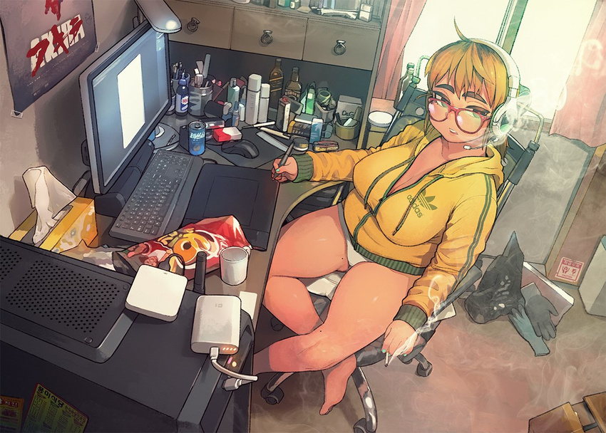 adidas ahoge akira barefoot blonde_hair bottle box breasts can cardboard_box chair cigarette cigarette_box cleavage collarbone commentary computer cup desk desk_lamp drawing_tablet glasses headset hood hoodie keyboard_(computer) lamp large_breasts looking_away messy_room mole mole_on_thigh monitor mouse_(computer) mug multicolored_hair nail_polish office_chair open_mouth original panties plump poster_(object) red-framed_eyewear short_hair sitting smoke smoking thick_eyebrows thick_thighs thighs thomas_hewitt tissue_box underwear white_panties window work_gloves