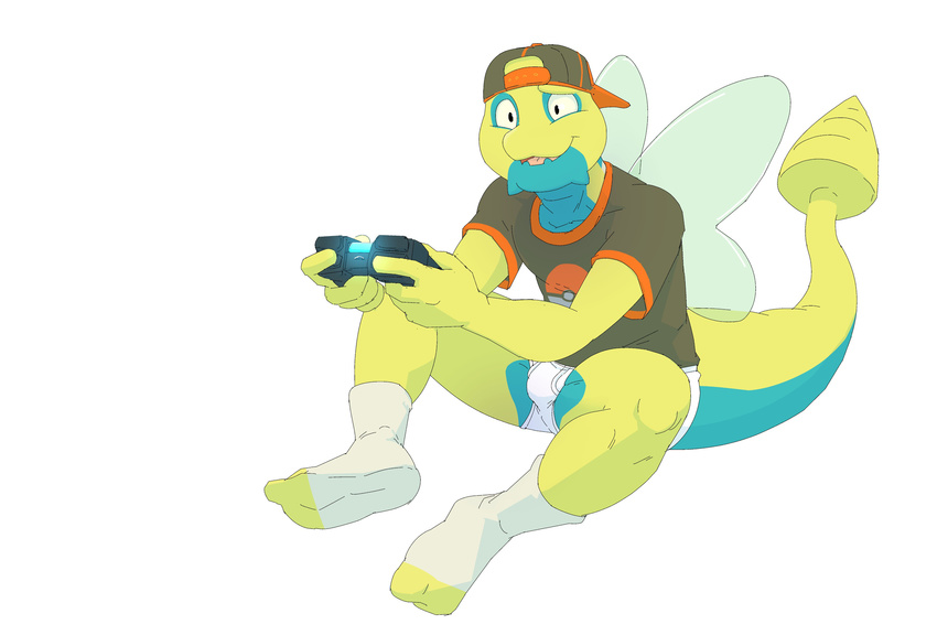 2018 absurd_res anthro anthrofied backwards_baseball_cap baseball_cap bulge clothed clothing controller daire daire301 digital_drawing_(artwork) digital_media_(artwork) dualshock_4 dunsparce game_controller hat hi_res legwear long_tail male mammal nintendo open_mouth playstation_controller pok&eacute;ball pok&eacute;mon pok&eacute;mon_(species) pok&eacute;morph scalie simple_background smile socks solo teeth underwear video_games white_background wings