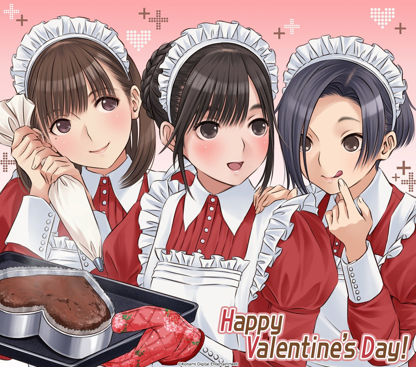 :q alternate_hairstyle anegasaki_nene apron baking_sheet bangs black_hair braid brown_eyes brown_hair buttons cake_pan chocolate chocolate_heart english fingernails frilled_apron frills gradient gradient_background hair_over_one_eye hand_on_another's_shoulder hands_up happy_valentine headdress heart holding kobayakawa_rinko long_sleeves looking_to_the_side love_plus medium_hair mino_tarou mole mole_under_eye multiple_girls official_art open_mouth oven_mitts pastry_bag short_hair smile takane_manaka tongue tongue_out upper_body valentine watermark white_apron