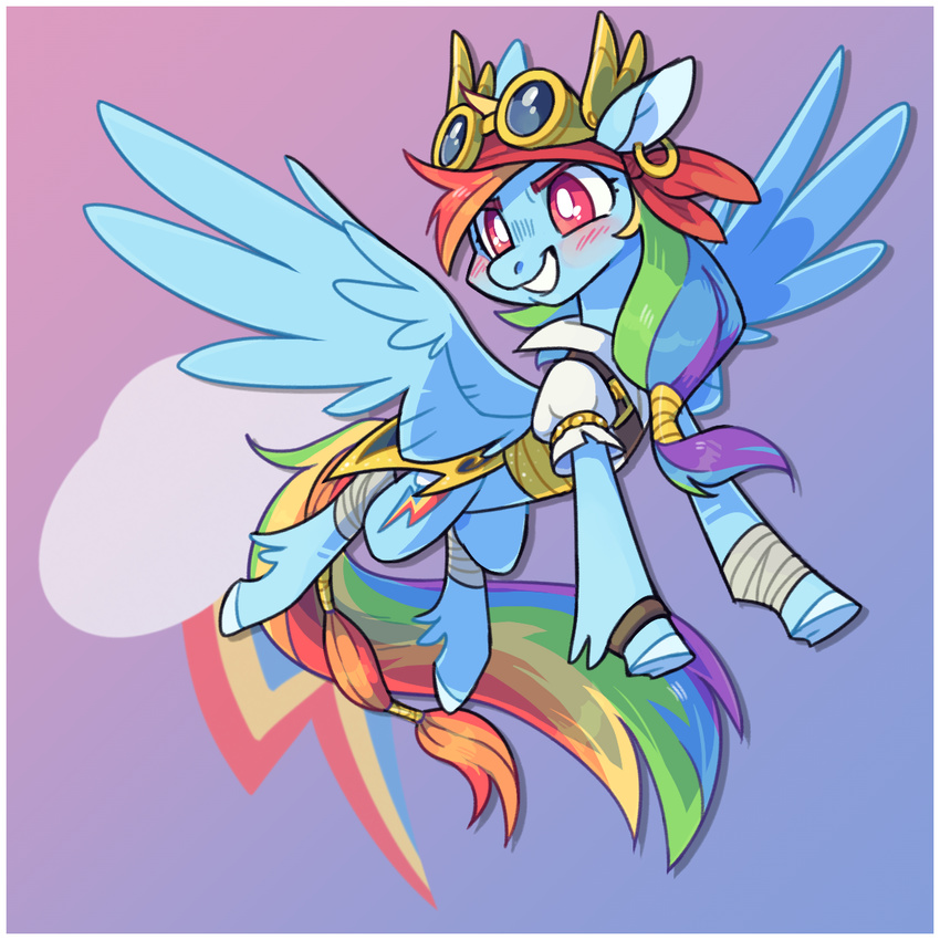 2018 8xenon8_(artist) bandage bandanna belt blue_feathers blush clothing coat costume cutie_mark digital_media_(artwork) equine eyebrows eyewear feathered_wings feathers female feral friendship_is_magic goggles hair happy hooves horse mammal multicolored_hair multicolored_tail my_little_pony open_mouth pegasus piercing pirate pony rainbow_dash_(mlp) rainbow_hair rainbow_tail red_eyes simple_background smile solo teeth underhoof wings