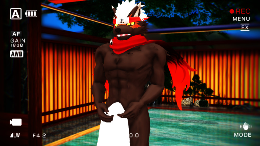 2018 3d_(artwork) abs anthro blush canine digital_media_(artwork) dog hair headband hot_spring looking_at_viewer male malicekira mammal muscular muscular_male ninja nude open_mouth outside recording short_hair solo standing tadatomo tokyo_afterschool_summoners towel water