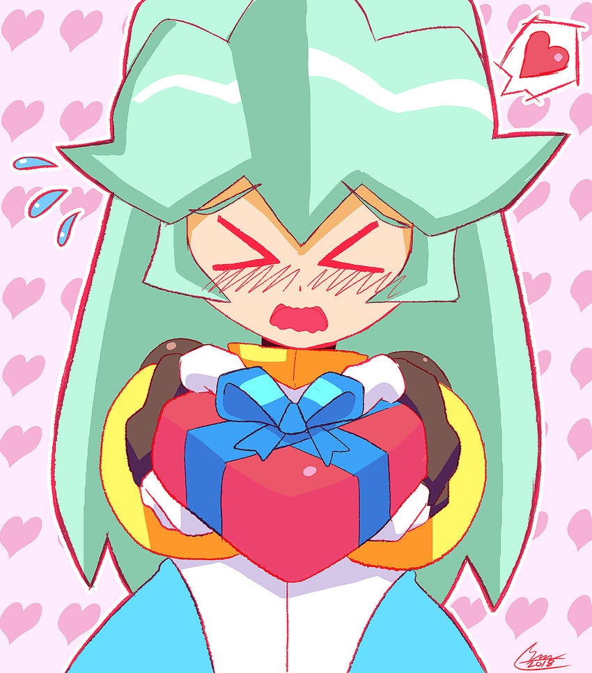 1girl 2018 blush capcom dated eyes_closed gift green_hair heart heart-shaped_box heart_background holding holding_gift long_hair open_mouth pandora_(rockman) patterned patterned_background pov present ribbon rockman rockman_zx shoutaro_saito signature solo solo_focus speech_bubble