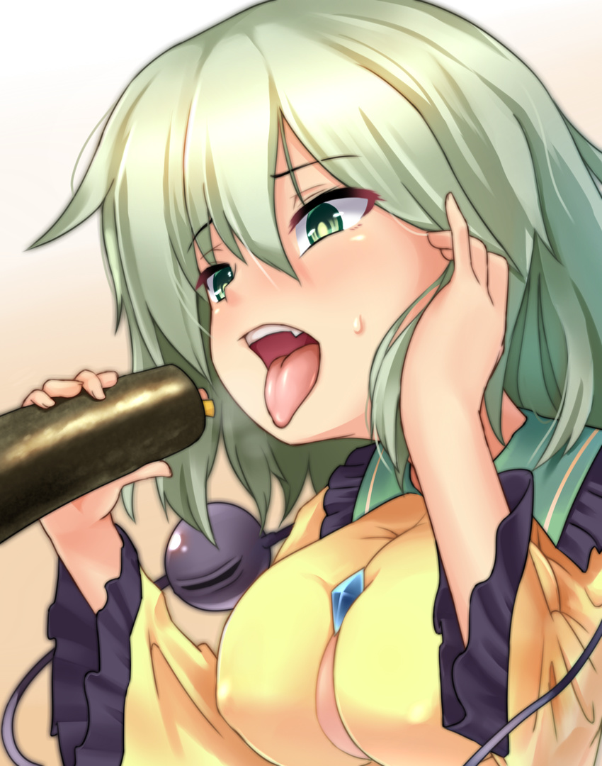 breasts commentary_request covered_nipples ehoumaki food gradient gradient_background green_eyes green_hair highres komeiji_koishi makizushi medium_breasts no_hat no_headwear open_mouth orange_background sexually_suggestive shiny_shinx short_hair solo sushi tongue tongue_out touhou upper_body
