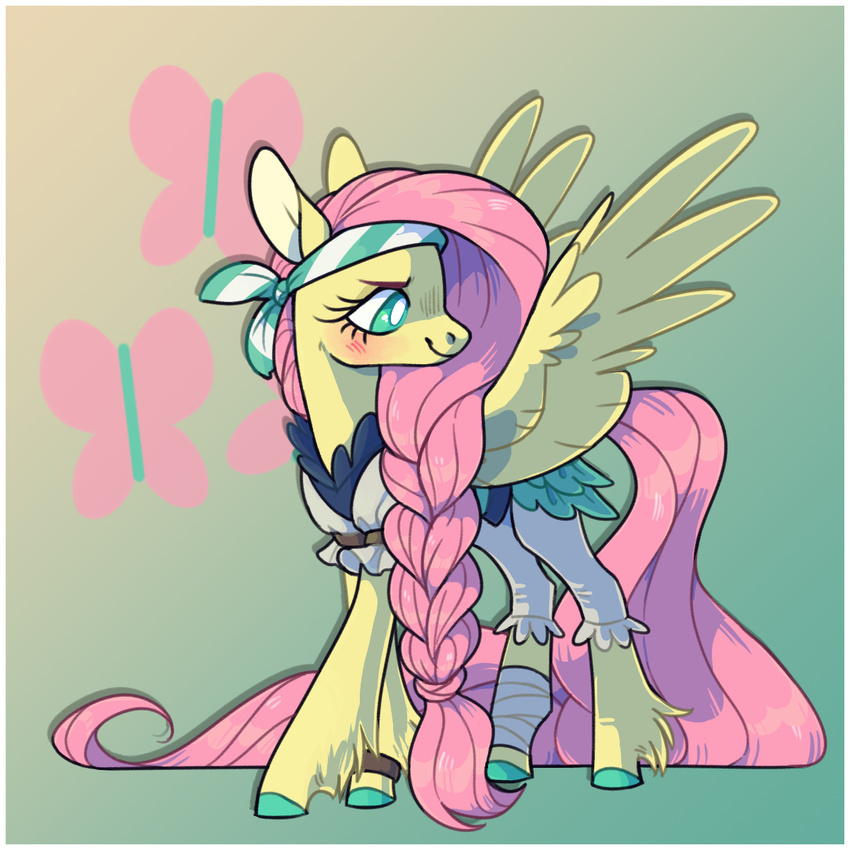 2018 8xenon8_(artist) bandage bandanna blush braided_hair clothing costume digital_media_(artwork) equine eyebrows eyelashes feathered_wings feathers female feral fluttershy_(mlp) friendship_is_magic green_eyes hair horse long_hair mammal my_little_pony pegasus pink_hair pirate pony simple_background smile solo wings