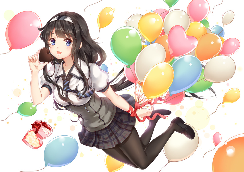 :d absurdres balloon bangs black_footwear black_hair black_legwear black_neckwear black_skirt blue_eyes blush box breasts china_railway_girl chocolate chocolate_heart collared_shirt eyebrows_visible_through_hair food full_body hairband heart heart-shaped_box heart_balloon highres holding holding_food long_hair looking_at_viewer mary_janes medium_breasts miniskirt necktie open_mouth plaid plaid_skirt pleated_skirt puffy_short_sleeves puffy_sleeves red_ribbon ribbon shirt shoes short_sleeves sidelocks simple_background skirt smile solo striped striped_neckwear tareme valentine white_background white_hairband white_shirt wrist_ribbon yezhi_na