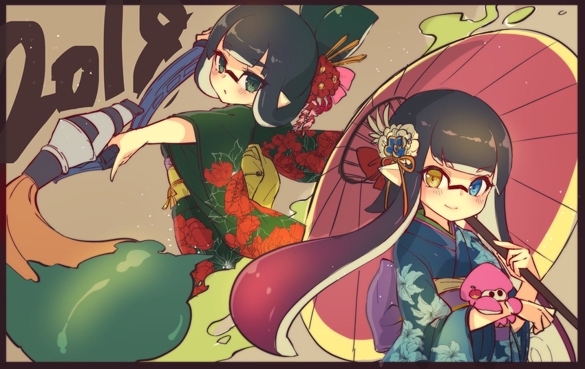 2girls bangs black_hair black_kimono blue_eyes blue_kimono blunt_bangs closed_mouth commentary conomi-c5 domino_mask floral_print flower gradient_hair green_eyes green_hair hair_flower hair_ornament hair_up heterochromia highres holding holding_umbrella holding_weapon inkbrush_(splatoon) inkling japanese_clothes kimono long_hair looking_at_viewer looking_back mask multicolored_hair multiple_girls oriental_umbrella paint_splatter parted_lips pink_hair pointy_ears print_kimono smile splatoon_(series) squid standing stuffed_animal stuffed_toy tentacle_hair umbrella weapon wide_sleeves yellow_eyes