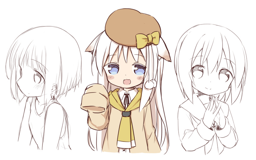 :3 :d animal_ears ayanepuna bangs bare_shoulders beige_jacket beret blue_eyes blush_stickers bow brown_hat cat_ears closed_mouth comic dress_shirt ears_down eyebrows_visible_through_hair hair_between_eyes hat hat_bow highres interlocked_fingers jacket long_hair long_sleeves looking_at_viewer multiple_girls open_mouth original partially_colored pom_pom_(clothes) shio_(ayanepuna) shirt sidelocks sleeves_past_fingers sleeves_past_wrists smile tank_top very_long_hair white_hair white_shirt yellow_bow yellow_neckwear