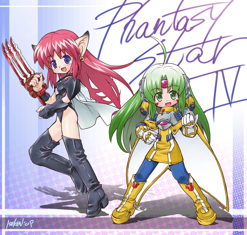 :d absurdres ahoge android armor black_footwear black_leotard blue_eyes blue_legwear boots cape claws copyright_name dress fal_(phantasy_star) full_body furena gloves green_eyes green_hair highres isedaichi_ken knee_boots leotard long_hair looking_at_viewer multiple_girls open_mouth pantyhose phantasy_star phantasy_star_iv pink_hair pointy_ears shoulder_pads signature smile standing thigh_boots thighhighs white_gloves yellow_dress yellow_footwear