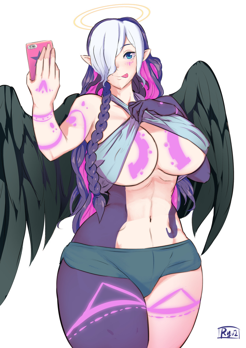 absurdres aiassis alien angel angel_wings blue_eyes blue_hair braid breast_tattoo breasts dark_skin elf eonbound goddess hair_over_one_eye halo highres large_breasts multicolored multicolored_hair multicolored_skin pale_skin phessian phone pink_hair pointy_ears self_shot shirt_lift solo tattoo tentacles transparent_background two-tone_skin white_hair wings
