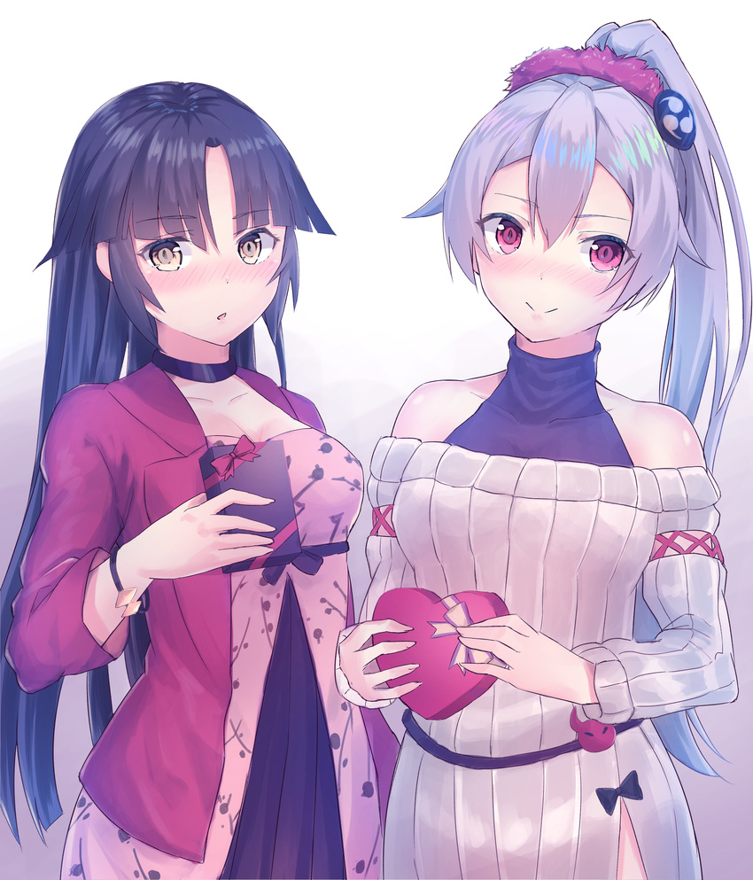 :o absurdres bangs bare_shoulders black_choker black_hair blush box breasts choker cleavage closed_mouth collarbone dress eyebrows_visible_through_hair fate/grand_order fate_(series) gift gift_box gradient gradient_background grey_background heart-shaped_box highres holding holding_box holding_gift jacket katou_danzou_(fate/grand_order) long_hair long_sleeves looking_at_viewer medium_breasts multiple_girls muragaki_(sgxx4878) nose_blush off-shoulder_sweater open_clothes open_jacket parted_bangs parted_lips pink_dress ponytail red_eyes red_jacket red_skirt shiny shiny_hair silver_hair skirt smile straight_hair sweater sweater_dress tareme tomoe_gozen_(fate/grand_order) valentine white_sweater wristband