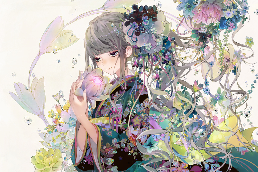 bangs blunt_bangs blush braid checkered closed_mouth flower flower_request green_eyes green_kimono grey_hair hair_flower hair_ornament half-closed_eyes holding holding_flower japanese_clothes jewelry kimono long_hair long_sleeves nose_blush obi original pearl sash simple_background smile solo too_many_flowers tsukioka_tsukiho upper_body very_long_hair water water_drop wavy_hair white_background wide_sleeves