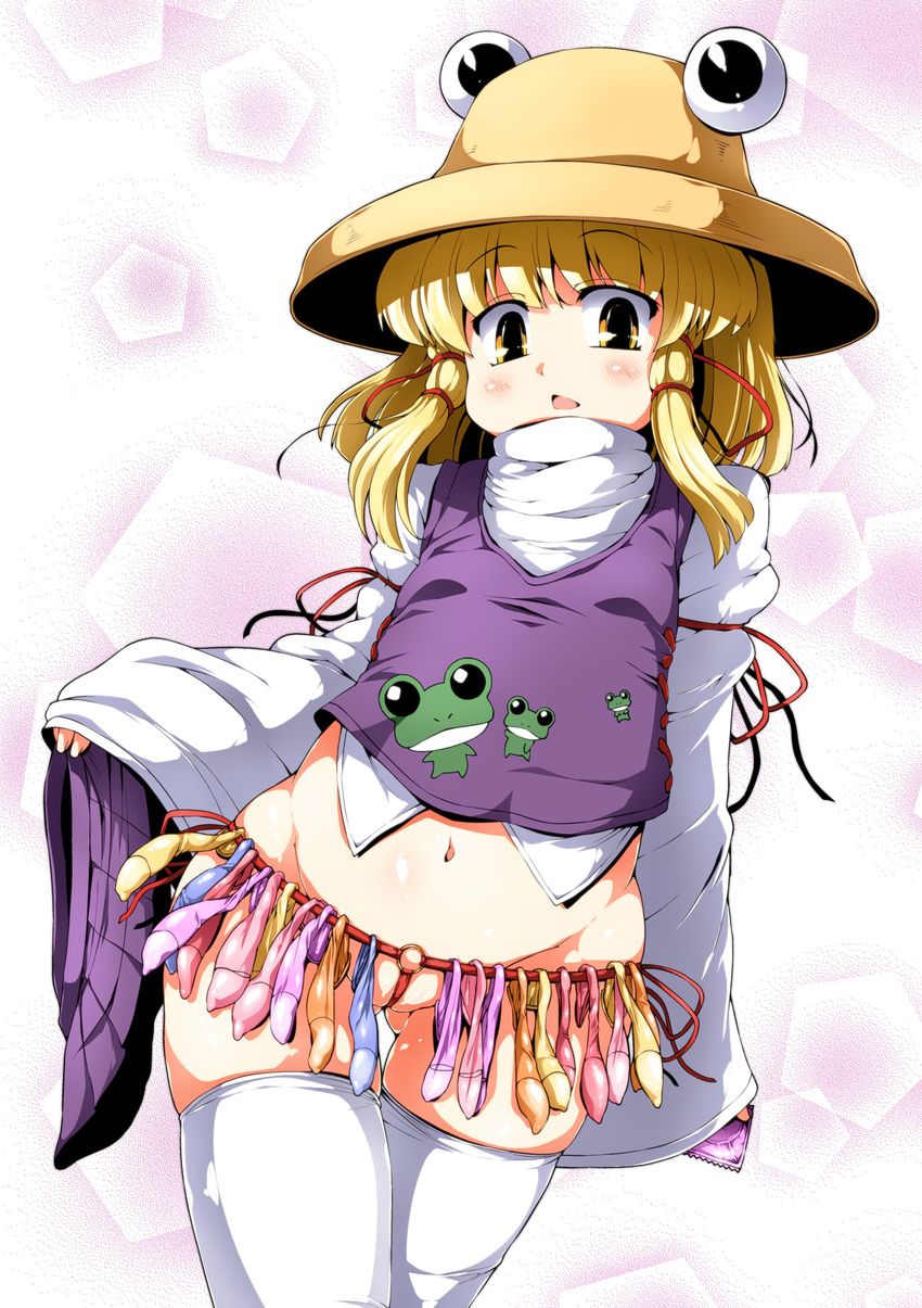 :o animal_print arm_at_side arm_ribbon ass_visible_through_thighs blonde_hair blush brown_hat chestnut_mouth commentary_request condom condom_belt condom_wrapper cowboy_shot eyebrows_visible_through_hair frog_print hair_ornament hair_ribbon hat highres holding long_sleeves looking_at_viewer moriya_suwako navel o-ring open_mouth partially_visible_vulva pleated_skirt purple_skirt purple_vest red_ribbon ribbon shiny shiny_skin short_hair_with_long_locks skirt skirt_removed sleeves_past_wrists solo standing sugiura tareme thigh_gap thighhighs touhou tress_ribbon turtleneck used_condom vest white_legwear yellow_eyes