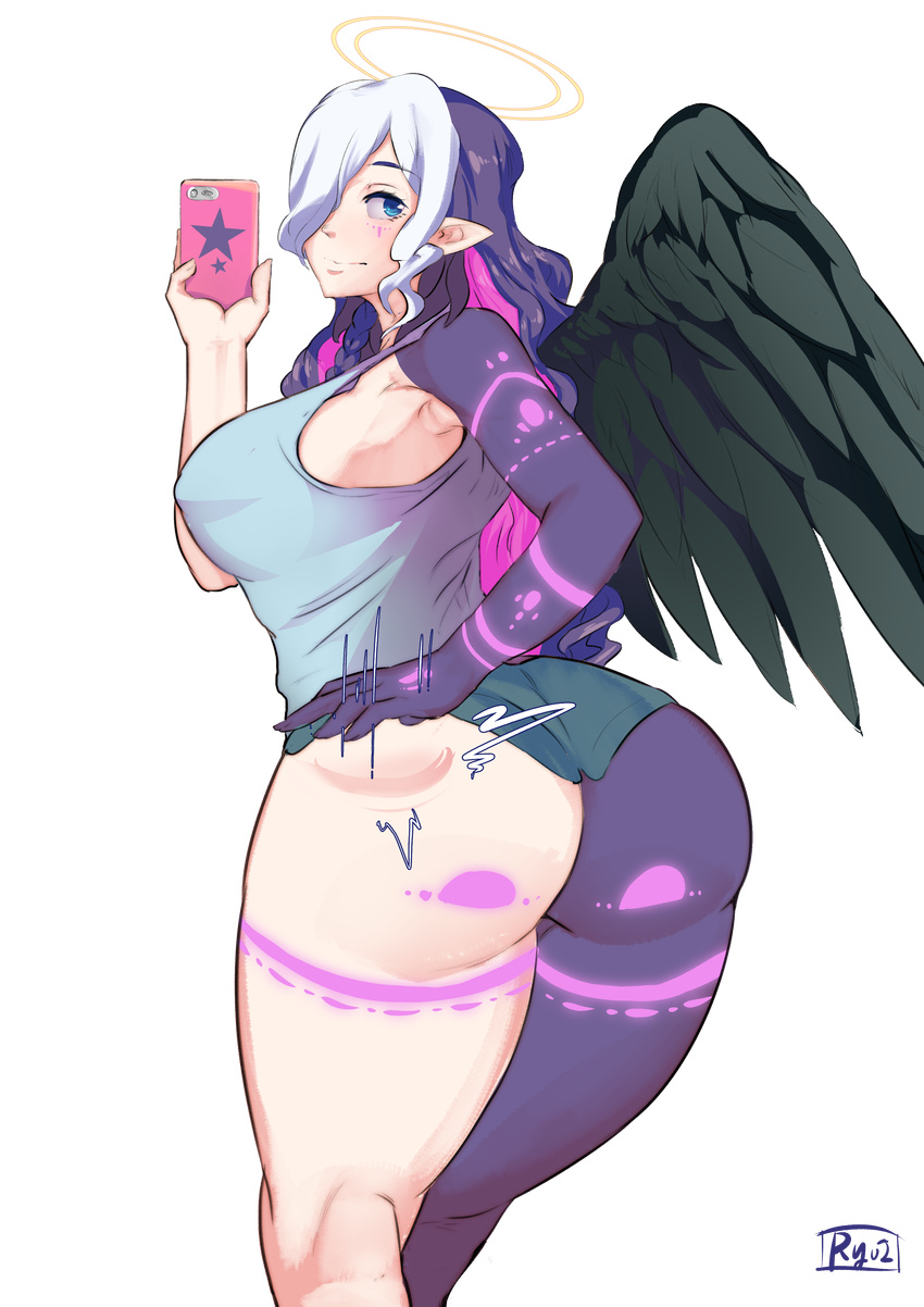 absurdres aiassis alien angel angel_wings ass blue_eyes blue_hair braid breasts dark_skin dat_ass elf eonbound goddess hair_over_one_eye halo highres huge_ass large_breasts multicolored multicolored_hair multicolored_skin pale_skin phessian phone pink_hair pointy_ears self_shot solo tattoo tentacles transparent_background two-tone_skin white_hair wings