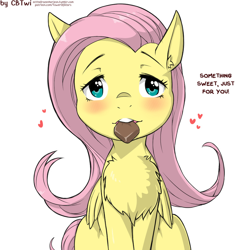 &lt;3 2018 blush candy chest_tuft chocolate cold-blooded-twilight dialogue english_text equine feathered_wings feathers female feral fluttershy_(mlp) food friendship_is_magic hair hi_res long_hair looking_at_viewer mammal my_little_pony pegasus pink_hair simple_background solo teal_eyes text tuft white_background wings