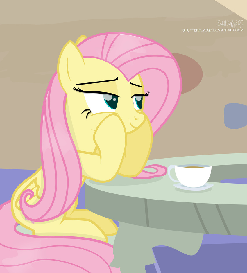 2018 beverage cup cute cutie_mark equine eyebrows eyelashes feathered_wings feathers female feral fluttershy_(mlp) friendship_is_magic full-length_portrait hair half-closed_eyes hi_res holidays inside long_hair love mammal my_little_pony nude pegasus pink_hair portrait shutterflyeqd signature sitting smile solo_focus table tea teal_eyes text unseen_character valentine's_day wings