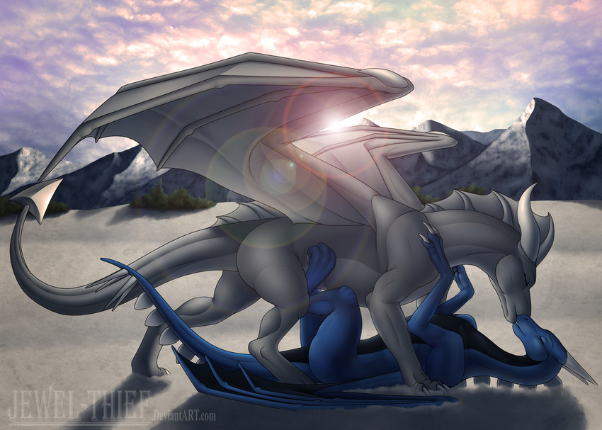 blue_skin day detailed_background digital_media_(artwork) dragon duo feral horn jewel-thief lying membranous_wings on_back outside scalie spines standing western_dragon wings