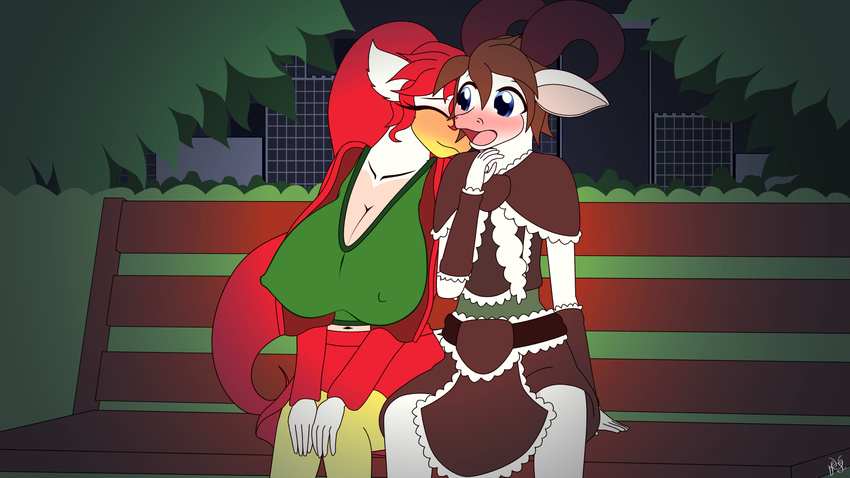 2018 avian bench big_breasts bird blue_eyes blush breasts caprine cleavage clothed clothing couple_(disambiguation) daisy_garland elae_meltaea eyes_closed female fibs goat hair honeylocust_hawthorne horn huge_breasts male male/female mammal night nipple_bulge park ponytail red_hair skirt tree vector