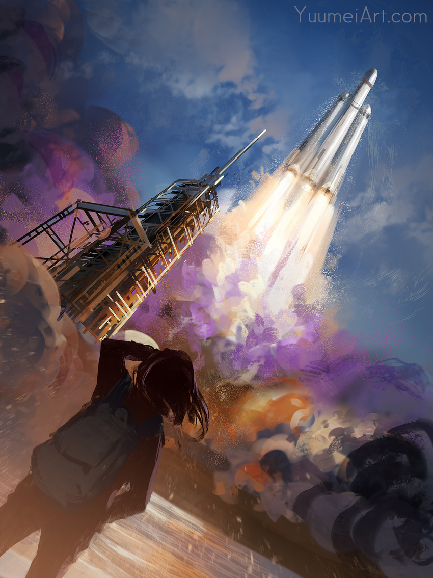 backlighting backpack bag commentary day dutch_angle facing_away from_behind from_below highres launch_pad launching long_hair long_sleeves original outdoors real_life rocket shading_eyes sky smoke solo space_craft spacex standing watermark web_address wenqing_yan wind