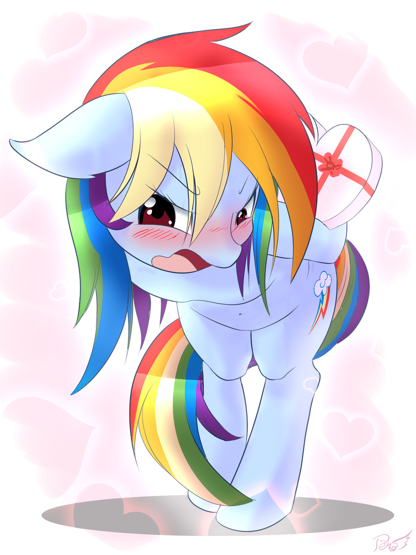 &lt;3 2018 bent_over blush bow cute cutie_mark equine eyebrows eyebrows_visible_through_hair eyelashes female feral friendship_is_magic full-length_portrait gift hair hi_res holding_object holidays looking_at_viewer mammal multicolored_hair my_little_pony navel nude open_mouth peregrine portrait purple_eyes rainbow_dash_(mlp) rainbow_hair shadow shy signature simple_background solo standing tongue valentine's_day white_background