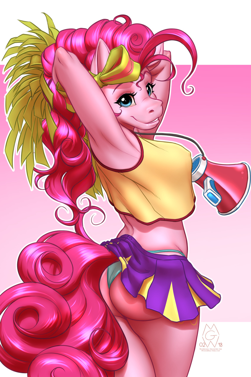 2018 absurd_res anthro butt butt_pose clothing cutie_mark digital_media_(artwork) earth_pony equine female friendship_is_magic hair hi_res horse long_hair mammal my_little_pony mykegreywolf pink_hair pinkie_pie_(mlp) pony skirt smile solo