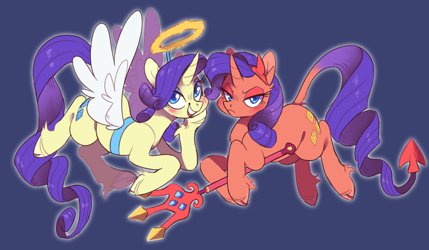 2017 8xenon8_(artist) angel blue_eyes costume cutie_mark demon devil_tail digital_media_(artwork) dock duo equine eyelashes fake_wings feathered_wings feathers female feral friendship_is_magic frown gem hair halo hooves horn horse looking_at_viewer makeup mammal melee_weapon my_little_pony open_mouth polearm pony purple_hair rarity_(mlp) smile teeth trident unicorn weapon wings