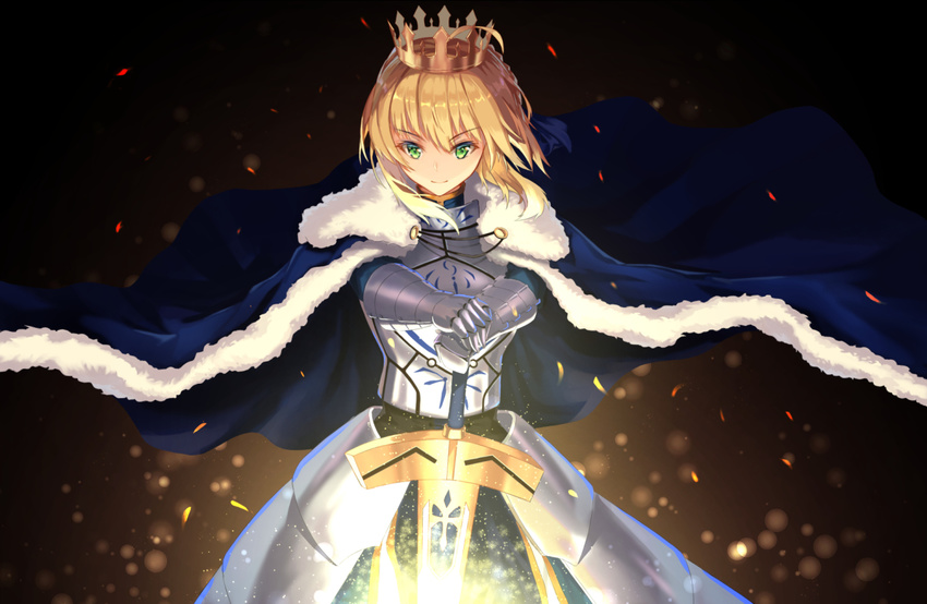 armor armored_dress artoria_pendragon_(all) augu_(523764197) blonde_hair blue_cape cape cowboy_shot crown excalibur eyebrows_visible_through_hair fate/stay_night fate_(series) fur_trim gauntlets green_eyes holding holding_sword holding_weapon saber solo standing sword weapon